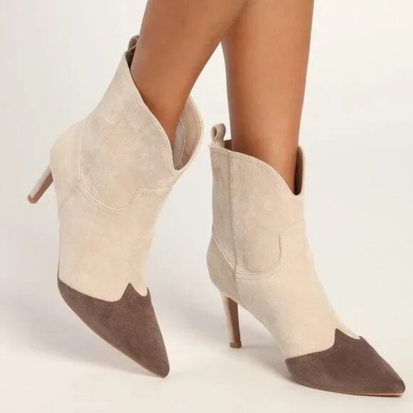 Western Chic Stiletto Cowboy Boots – Two-Tone Suede Pointed Toe - Picture 1 of 6